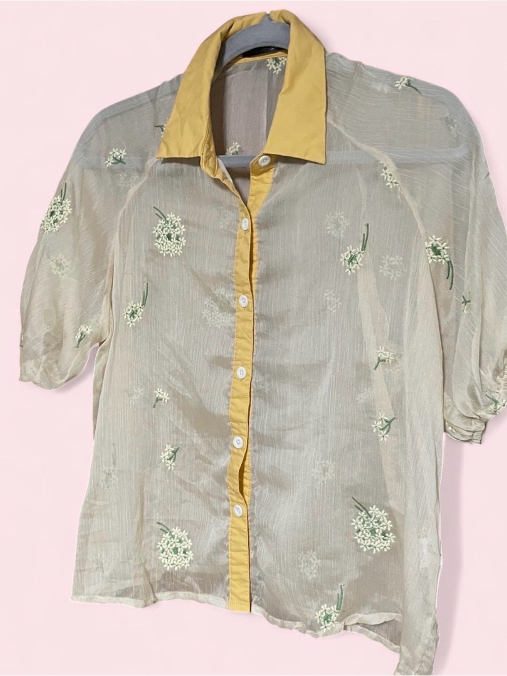 Light Pastel Yellow Floral Embroidered Short-Sleeve Shirt with Mustard Trim